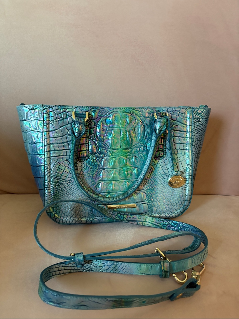 Brahmin Iridescent Teal Croc-Embossed Shoulder Bag